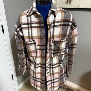Women's Plaid Shirt Jacket in Pink, Brown, and White